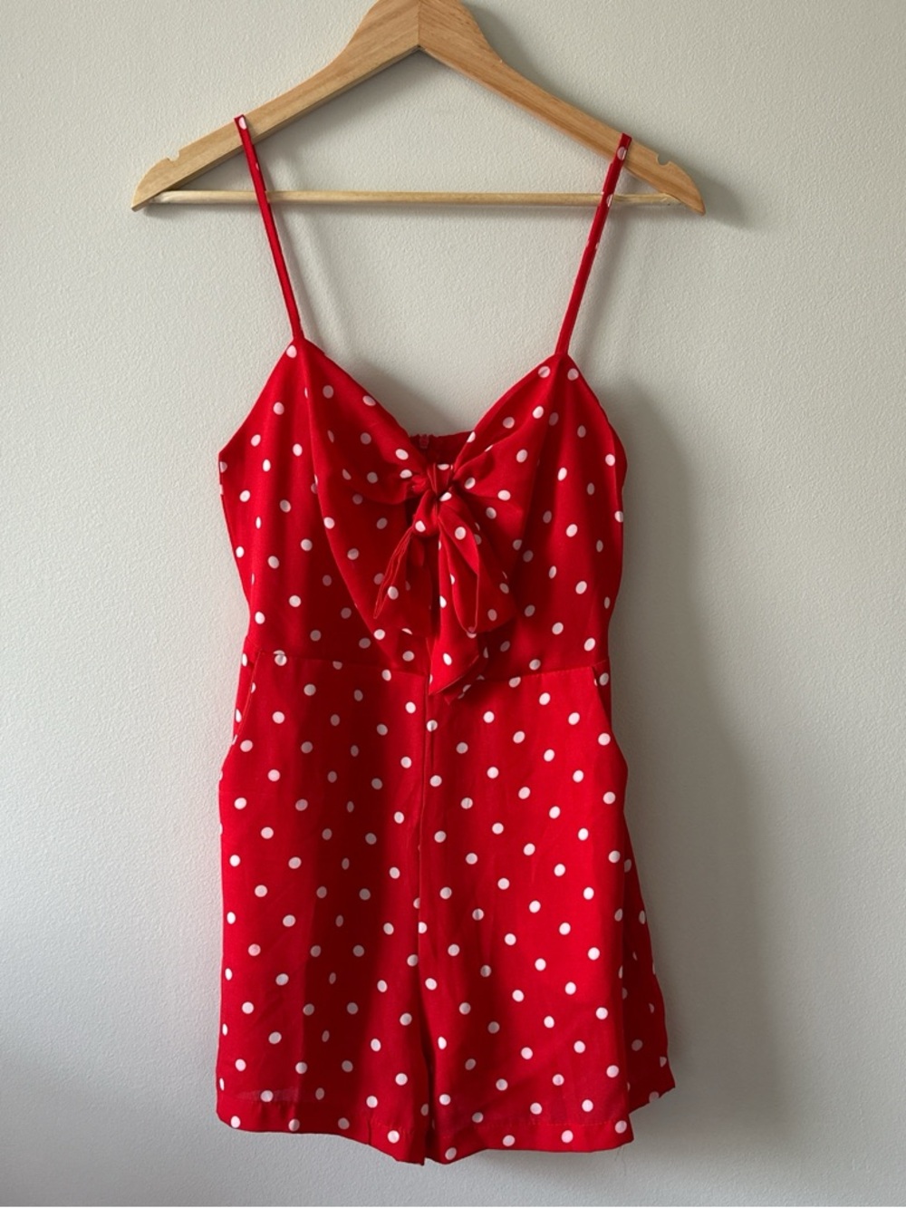 Red Polka Dot Tie-Front Romper w Pockets - Size Small